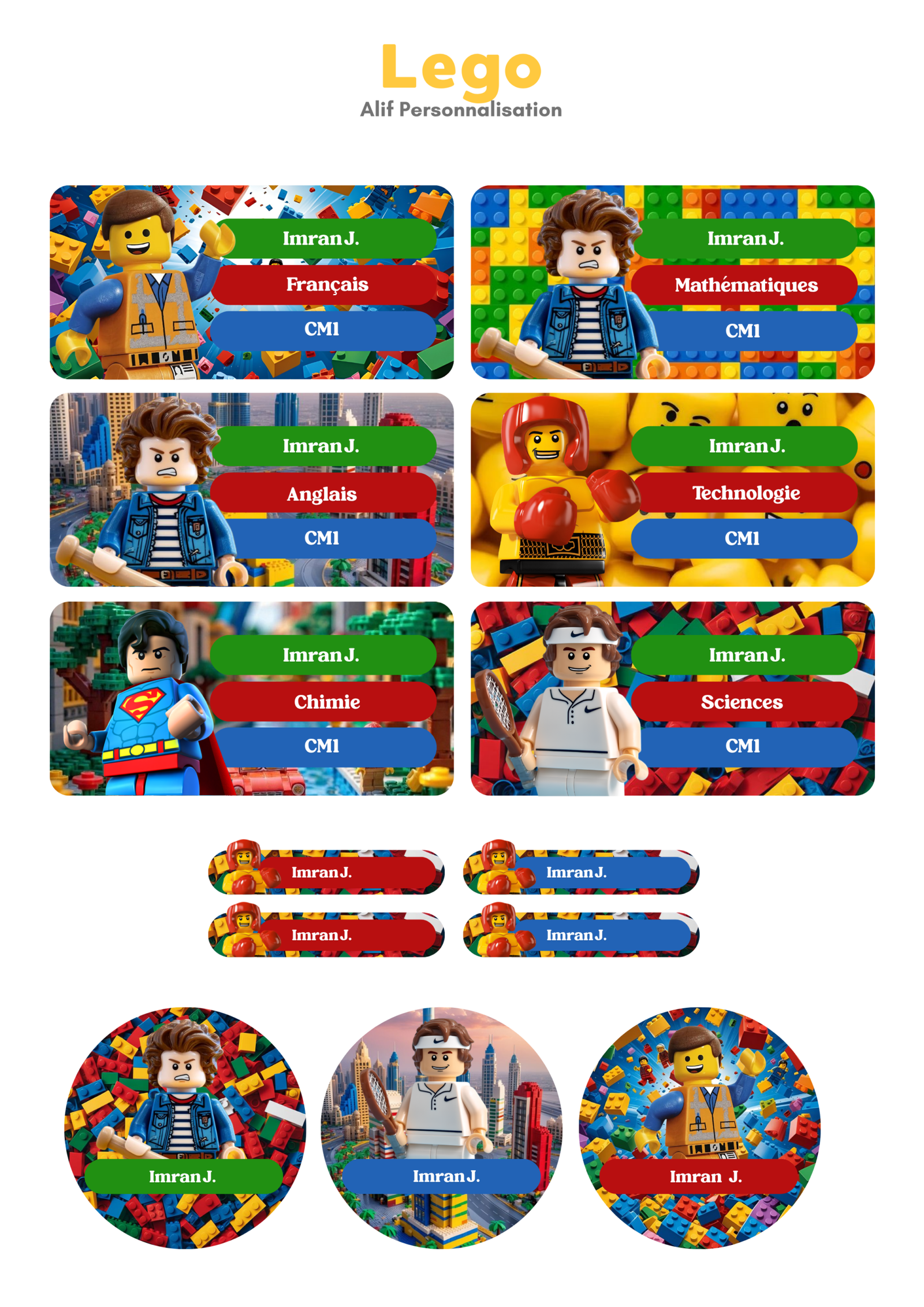 Kit d'étiquettes scolaires personnalisées Lego comprenant 46 stickers pour la rentrée scolaire.