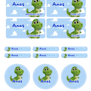 Kit d'étiquettes scolaires personnalisées Rex Toy Story avec 10 grandes étiquettes, 30 petites et 6 rondes.