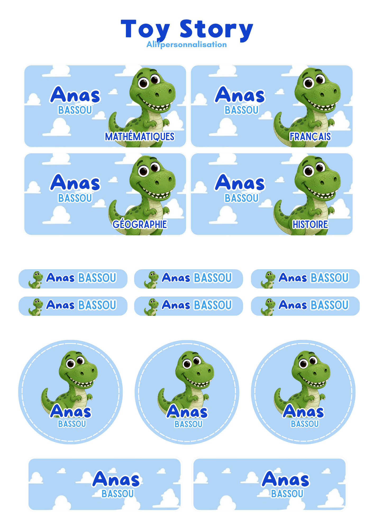 Kit d'étiquettes scolaires personnalisées Rex Toy Story avec 10 grandes étiquettes, 30 petites et 6 rondes.