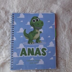 Couverture personnalisée Rex Toy Story plastifiée avec le prénom.