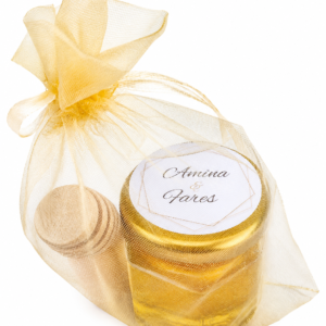 Petit pot de miel personnalisé avec étiquette pour cadeau invité