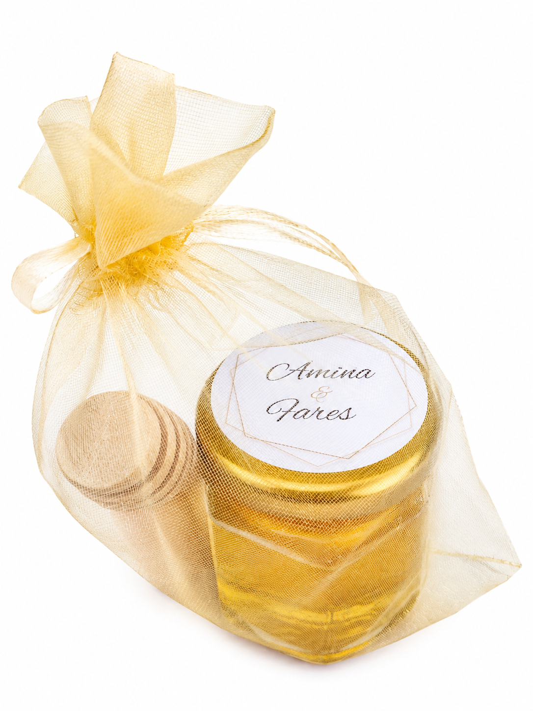 Petit pot de miel personnalisé avec étiquette pour cadeau invité