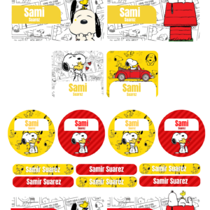 Kit d'étiquettes scolaires personnalisées Snoopy avec prénom, nom et matières pour la rentrée scolaire