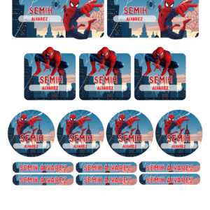 Kit d'étiquettes scolaires personnalisées Spiderman avec prénom, nom et matières pour la rentrée scolaire