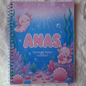 Cahier de texte personnalisé Axolotl avec le prénom de l'enfant.