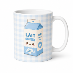 Mug lait kawaii sur fond vichy bleu pastel